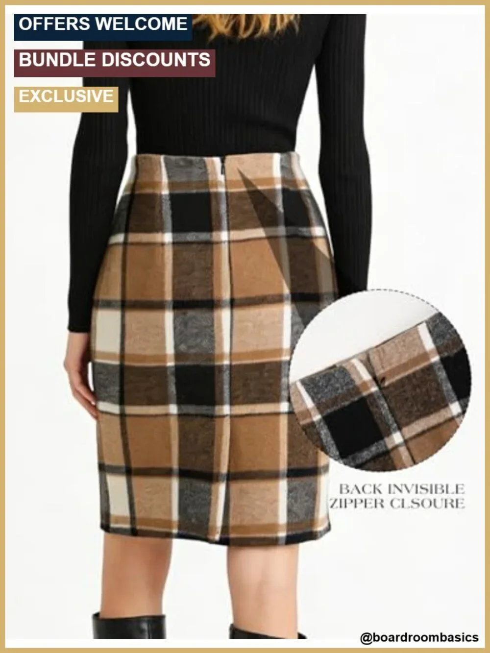 Wool Blend Plaid Midi Pencil Skirt High Waisted Back Slit